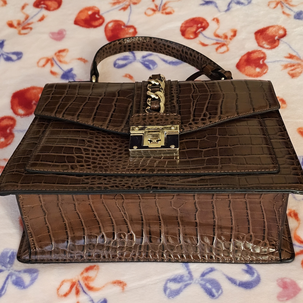 Aldo Brown Croc-Embossed Satchel with Gold Chain Accent - Picture 2 of 2